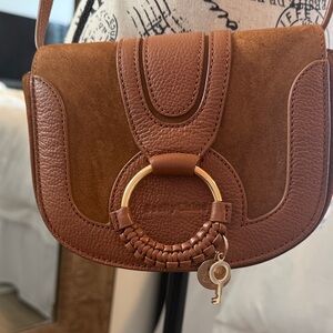 See By Chloe Hana Mimi Brown Suede & Leather Crossbody with Gold Ring